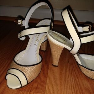 Bettye Muller Rattan Heels with Patent Leather Trim